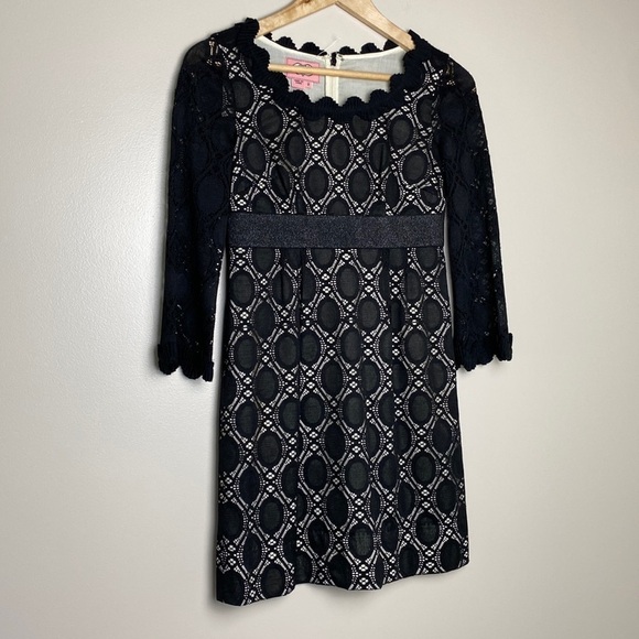Phoebe Lace Scalloped Edge 3/4 Sleeve Black Dress Size 2 - Picture 2 of 16